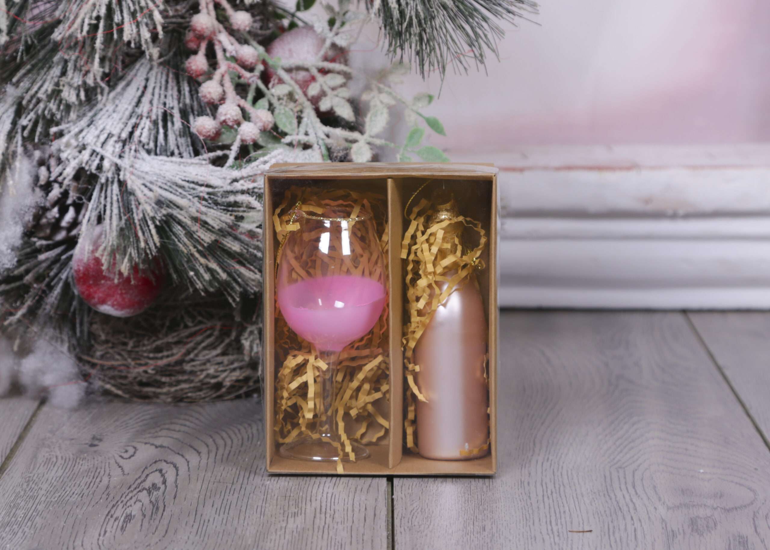 Christmas Ornament Wine Bottle and Glass - Pink